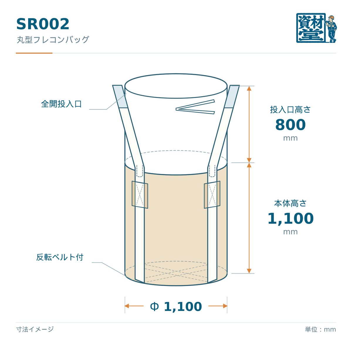 SR002 丸型フレコンバッグの寸法図（Φ1,100×H1,100mm・投入口高さ800mm・反転ベルト付）