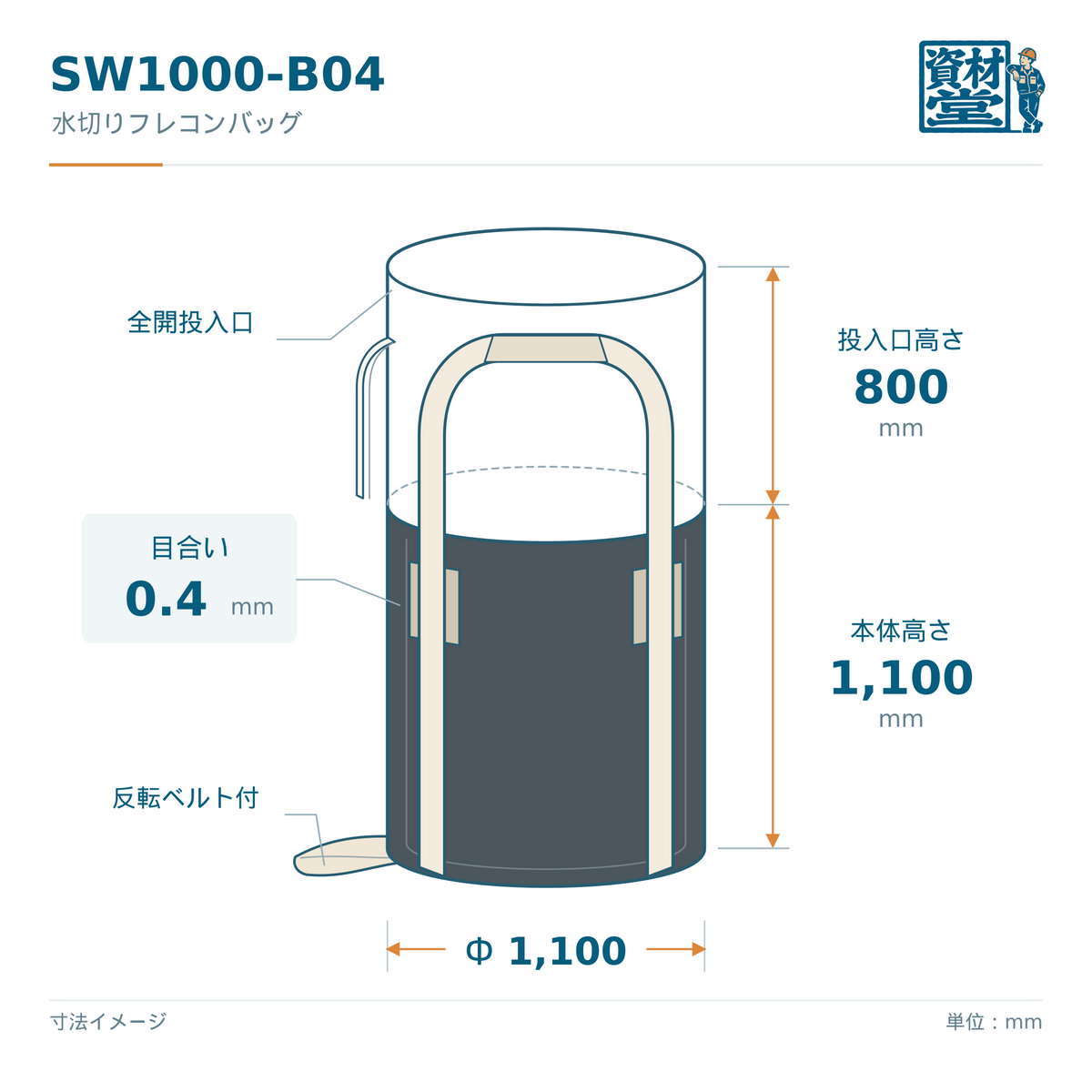 SW1000-B04 水切りフレコンバッグの寸法図（Φ1,100×H1,100mm・投入口高さ800mm）