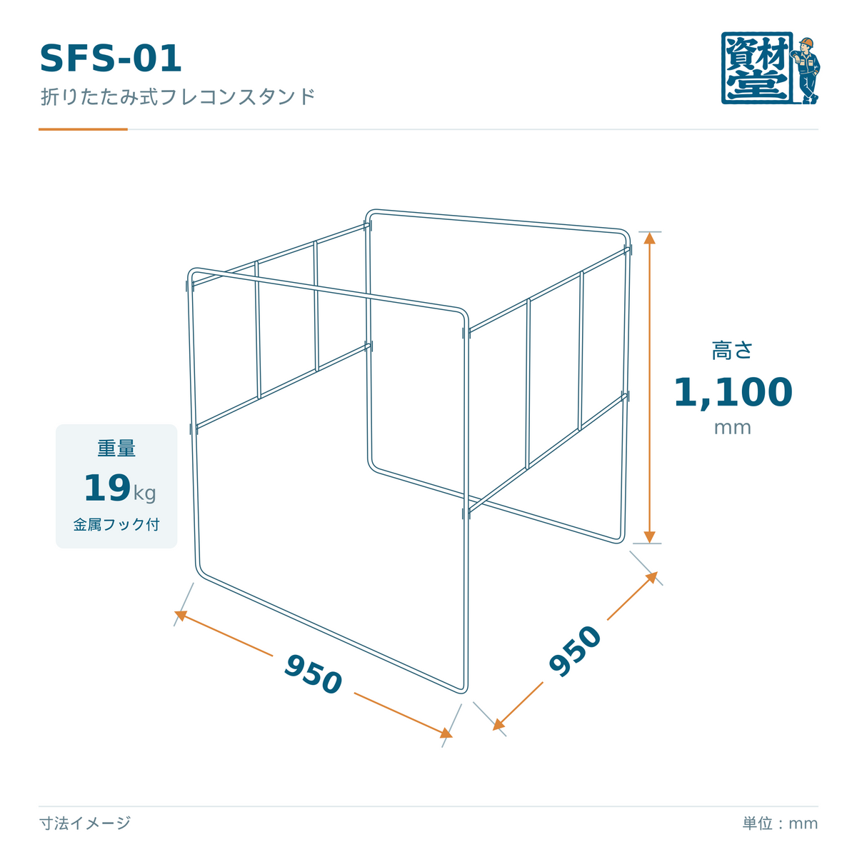 SFS-01 フレコンスタンドの寸法図（幅950×奥行950×高さ1,100mm・重量19kg）