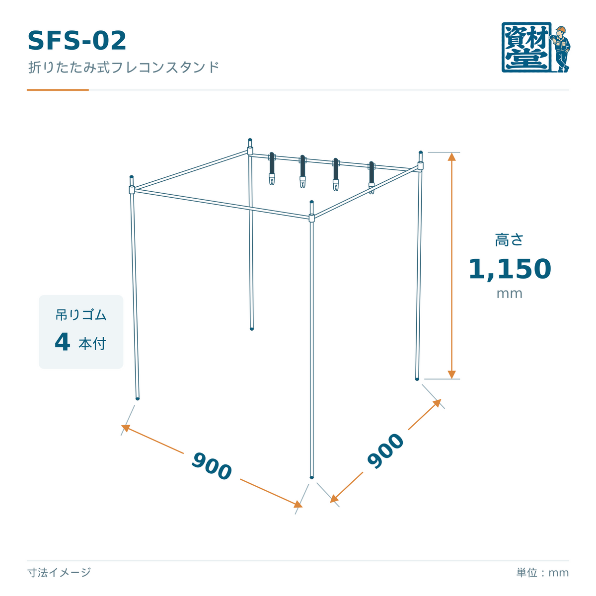 SFS-02 フレコンスタンドの寸法図（幅900×奥行900×高さ1,150mm・吊りゴム4本付）